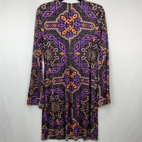 NWOT Hale Bob 100% Silk V-Neck Bell Sleeve Geometric Print KneeLength Dress Sz.M - Picture 5 of 10